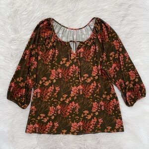 Garnet Hill Gathered Knit Artist Tee Green Pink Floral Leaf Print Boho Blouse